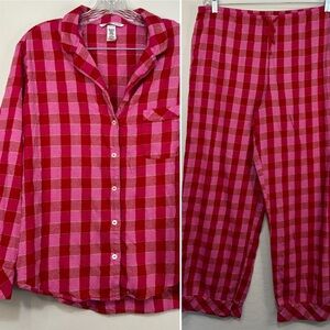 VICTORIAS SECRET Matching Pajama Set Long Sleeve Pants Pink Plaid Size Large